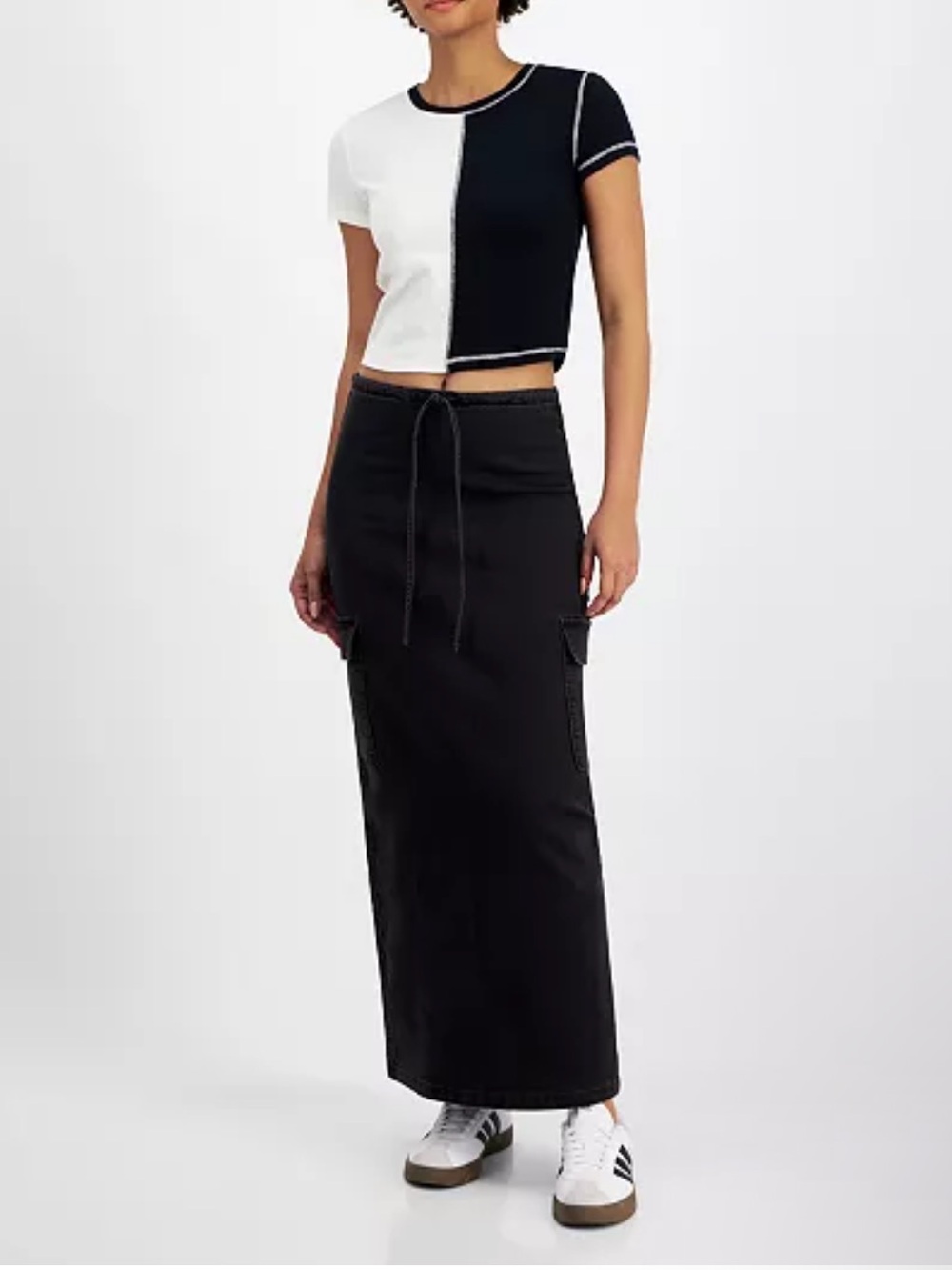 Tinseltown Black Maxi Cargo Skirt with Drawstring Waist